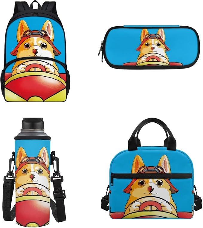 POLERO Corgi Pilot Backpack for Boys 4-6 Kids Toddler School Bookbag Set with Lunch Box Pencil Case Water Bottle Cover Bag Casual Daypack 4Pcs for First Grade - Image 2