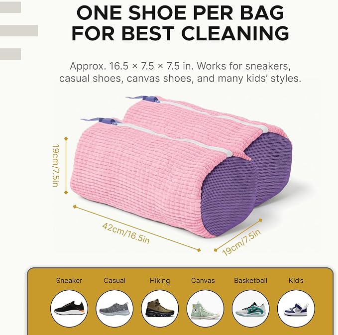 Shoe Washing Machine Bag (2 Pack), Shoe Bag for Washing Machine with Microfiber Scrub Fibers, Self-Locking Zipper Protection, 2 Adjustable Shoe Trees, Sneaker Laundry Bag for Washer and Dryer - Image 7
