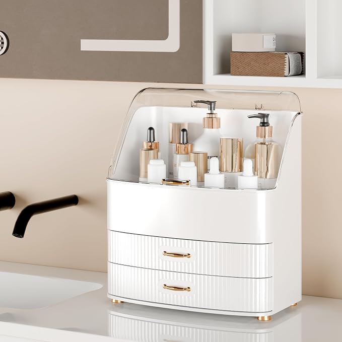 Makeup Organizer Countertop Vanity with Transparent Lid Drawers Waterproof Dustproof Cosmetic Skincare Bathroom Storage Gift for Women Teens Girls (White) - Image 4