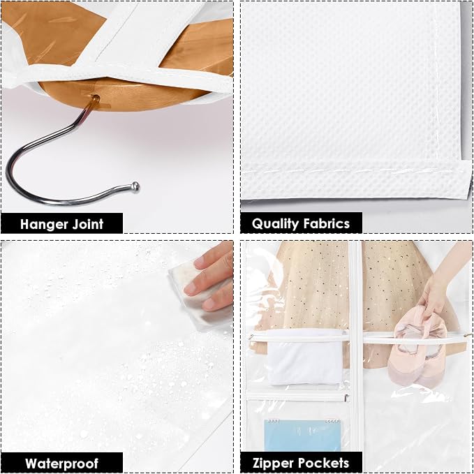 Univivi Dance Costume Garment Bag, 40 Inch Garment Bags for Dance Costumes Kids Dance Costume Bag with 3 Medium Clear Zipper Pockets for Dance Costumes, Hanging Clothes (White) - 4 Pack, UN0783 - Image 3
