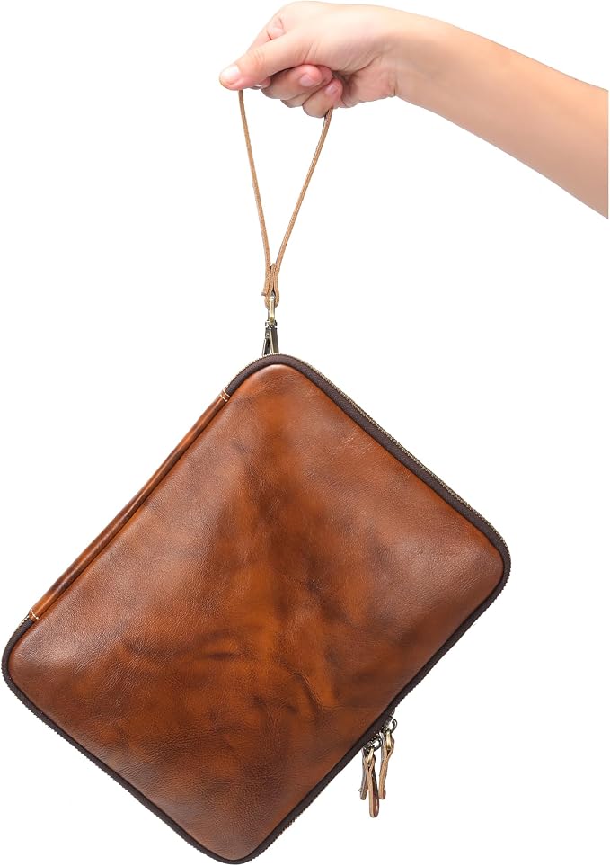 LANNSYNE Full Grain Leather Travel Cable Accessories Bag, Electronic Organizer Carry Case Double Layer Storage Case for Cables, Charger, Phone, Power Bank - Image 6