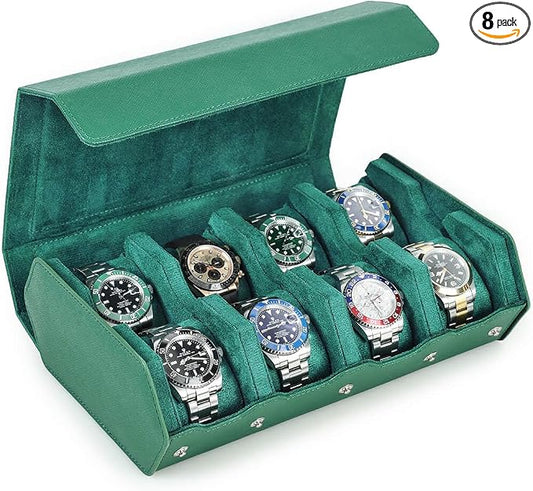 Hiram Genuine Leather Hexagon Watch Roll Travel Case, Leather 8-Watches Roll Case with Removable Pillow Cushion for Treasured Watches and Bracelets-Green by Hiram