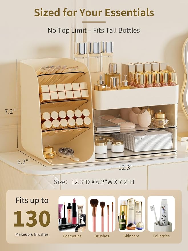 Booklov Small Makeup Organizer for Vanity and Bathroom Countertop, Cream | Clear Acrylic Cosmetic Display Case, Beauty Brush Holder for Dresser Counter Skincare Eyeshadow Lipstick Perfume Storage - Image 2