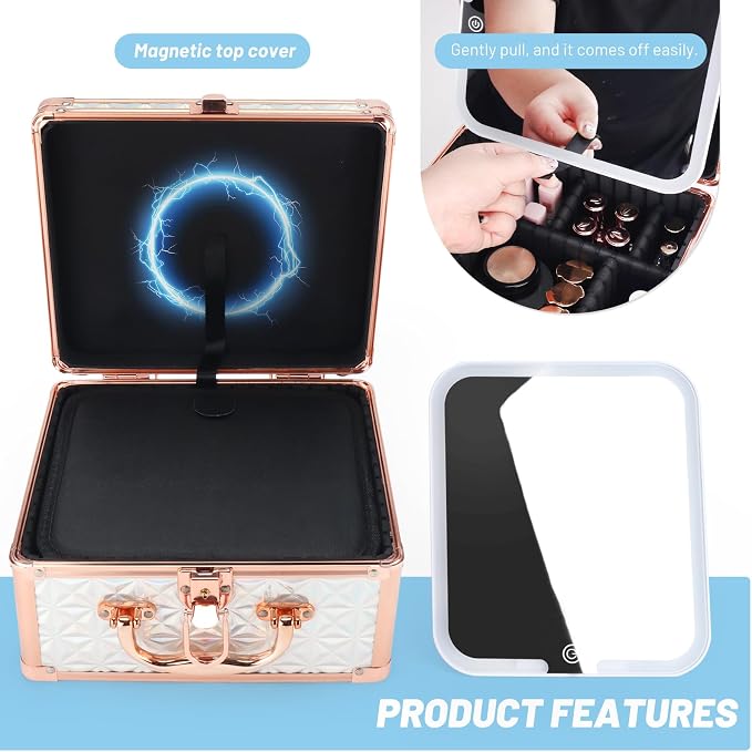 Makeup Case with LED Mirror, Portable Lockable Vanity Case, Travel Makeup Train Box for Women, Cosmetic Organizer, Detachable 3-Color Lighted Mirror, Adjustable Dividers, Brush Holder - Image 5