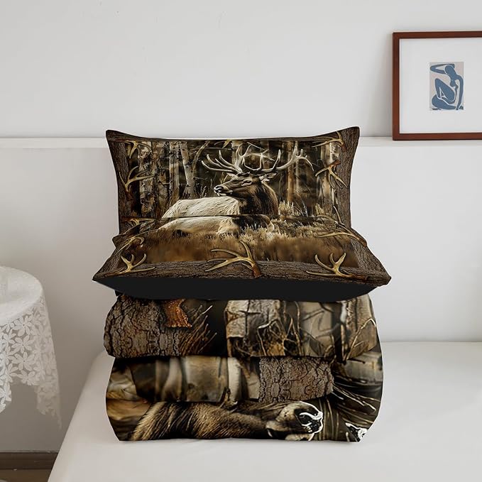 Erosebridal Rustic Deer Comforter Set for Cabin Lodge Vintage Elk Moose Antlers Bedding Set Full Size Farmhouse Woodland Quilt Hunting Animal Duvet Insert with 2 Pillowcases Home Room Decor - Image 6