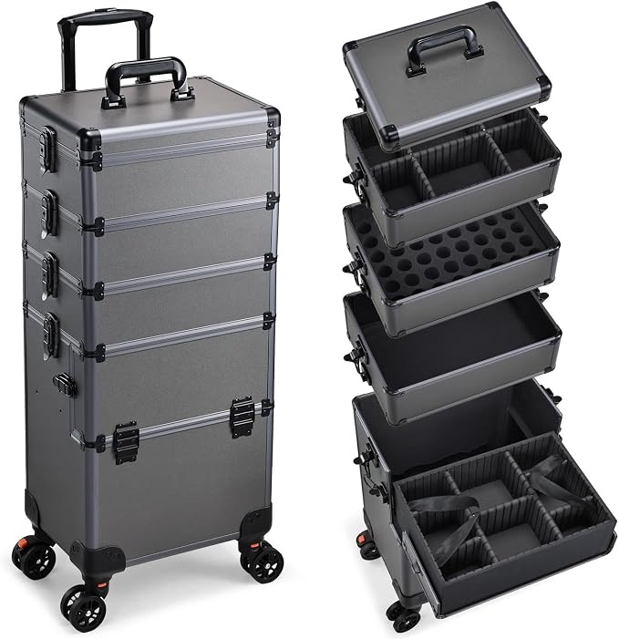 Yueieoun 5 in 1 Makeup Train Case, Cosmetology Case on Wheels Travel Make up Case Rolling Nail Cart Makeup Organizer Cosmetic Storage Box Cases Extra Large Trolley Truck, 360° Swivel Wheels, Ashy Grey by Yueieoun
