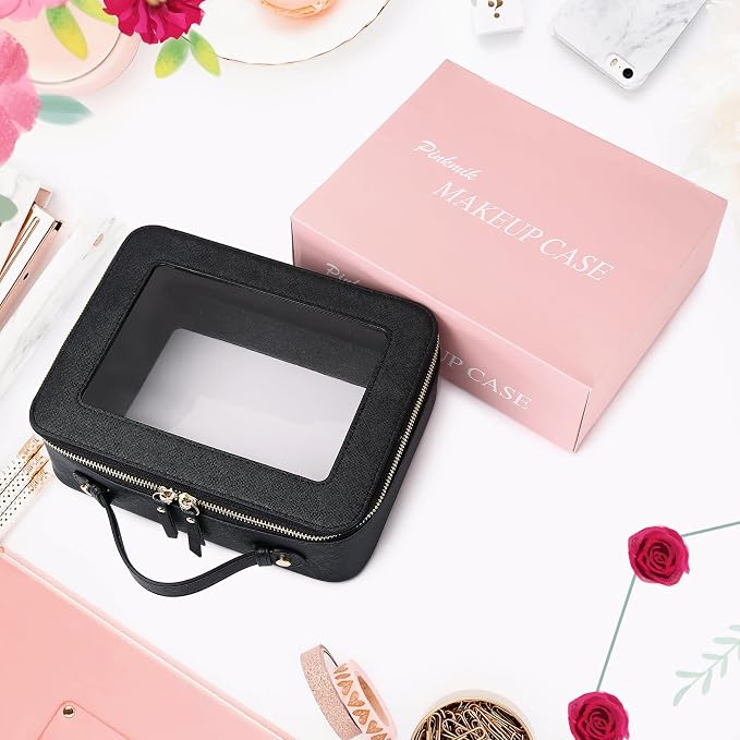 Pinkmik Clear Makeup Bag for Women Waterproof Travel Cosmetics and Toiletries Case Portable Makeup Oaganizer Bag Clear Car Bag with Zipper (Black, L) - Image 7
