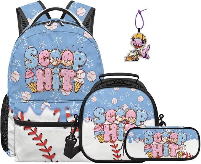 Ice Cream Baseball Backpack for Kids Girls 4th 5th 6th Grade, 4-Piece School Bag with Lunch Box, Pencil Case & Dinosaur Charm Sweet Sporty Bookbag, Scoop Hit by Dremagia