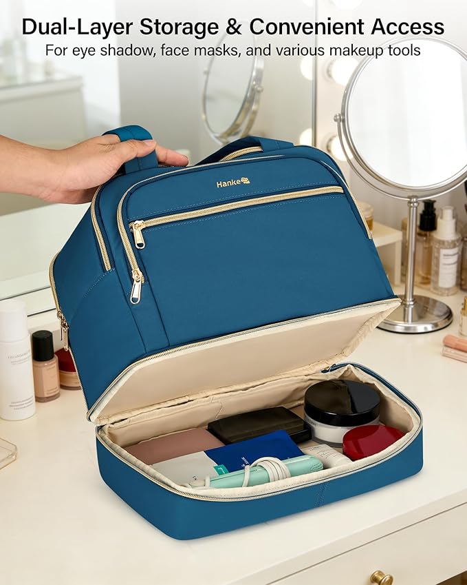 Hanke Travel Toiletry Bag, Lightweight Wide-open Large Toiletry Bags for Women, Dual-Layer Makeup Bag Water-Resistant Cosmetic Travel Bag with Handle for Accessories, Essentials, Navy Blue - Image 3