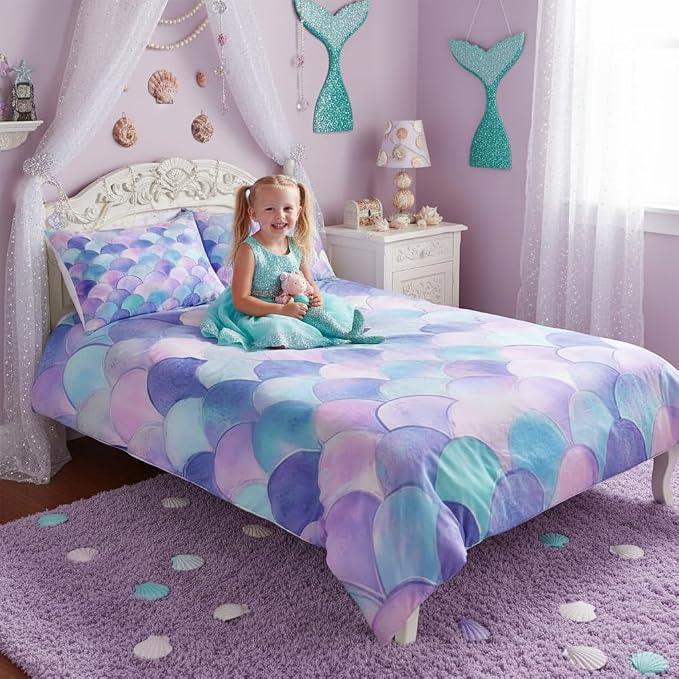 Erosebridal Fish Scales Duvet Cover Pink Purple Mermaid Scales Pattern Bedding Set for Adult Women Girls Bedroom Decor Comforter Cover Ocean Theme Decor Soft Bedspread with Zipper Ties, Full Size - Image 6