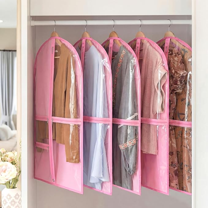 6 Pcs 24'' x 50'' Clear PVC Garment Bag Dance Costume Competition Bag with Rack Zippers Pockets Hanging Garment Covers Costume Organizer Carrier for Adults (Pink) - Image 6