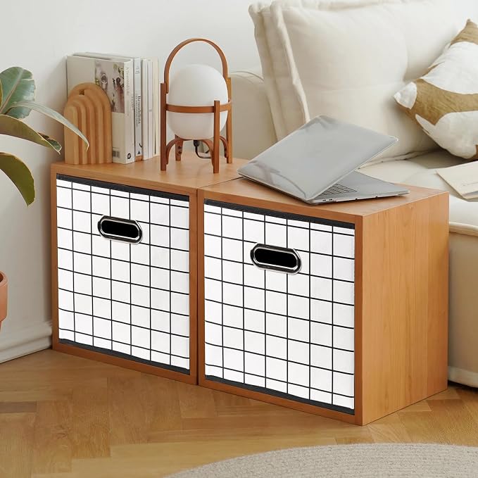 Fabric Cloth Storage Bins,Fabric Cube Organizer with Dual Handles Foldable Cube Storage Baskets for Home Bedroom Storage,Set of 6,(White grid) - Image 5