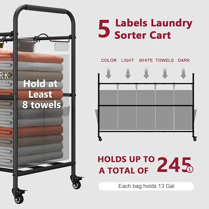 Tajsoon Laundry Sorter, 5 Section Laundry Hamper, Laundry Cart, Grey | 65 Gal Laundry Basket Organizer with Heavy Duty Lockable Wheels and Metal Handle, Large Clothes Hamper for Bathroom, Bedroom - Image 3