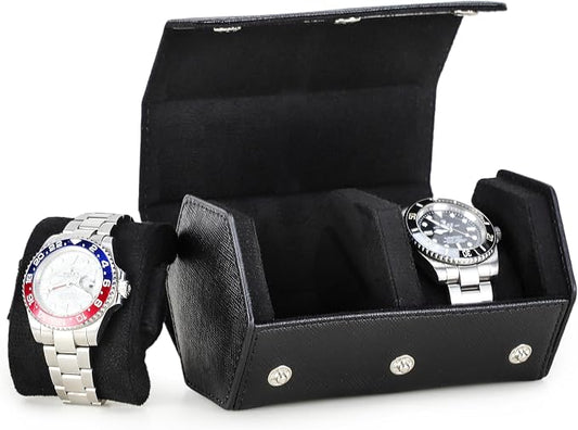Hiram Genuine Leather Saffiano Watch Roll Travel Case, Leather 2-Watches Roll Case for Treasured Watches and Bracelets(Black) by Hiram