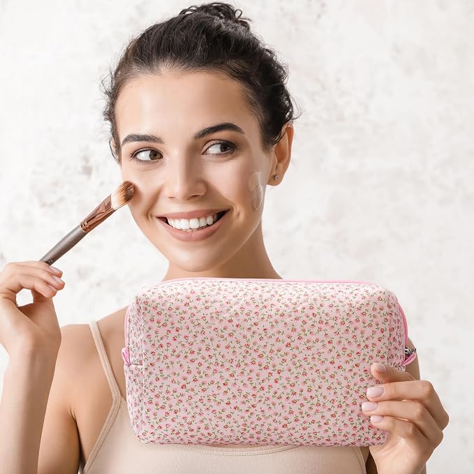 Paterr 10 Pcs Quilted Makeup Bag Bulk Cotton Floral Cosmetic Bag Women Girls Bridesmaid Gifts Cute Makeup Pouch Coquette Aesthetic Travel Toiletry Organizer(Purple Floral,7.87 x 4.72 x 3.15 Inches) - Image 7