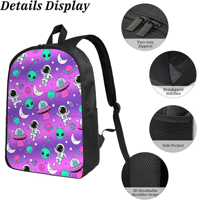 Alien Space Kid Backpack Set with Lunch Bag & Pencil Case Large Capacity School Bag 17 Inch Bookbag for Boy Girl - Image 3
