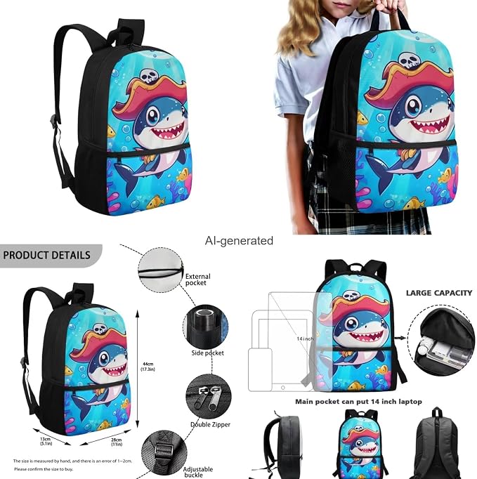 Blue Shark Backpack for Boys 12-14 with Lunch Bag Pencil Box Elementary Middle School Bags Lightweight Kids Bookbag Backpacks Casual Daypack Set for Travel Hiking Camping - Image 3