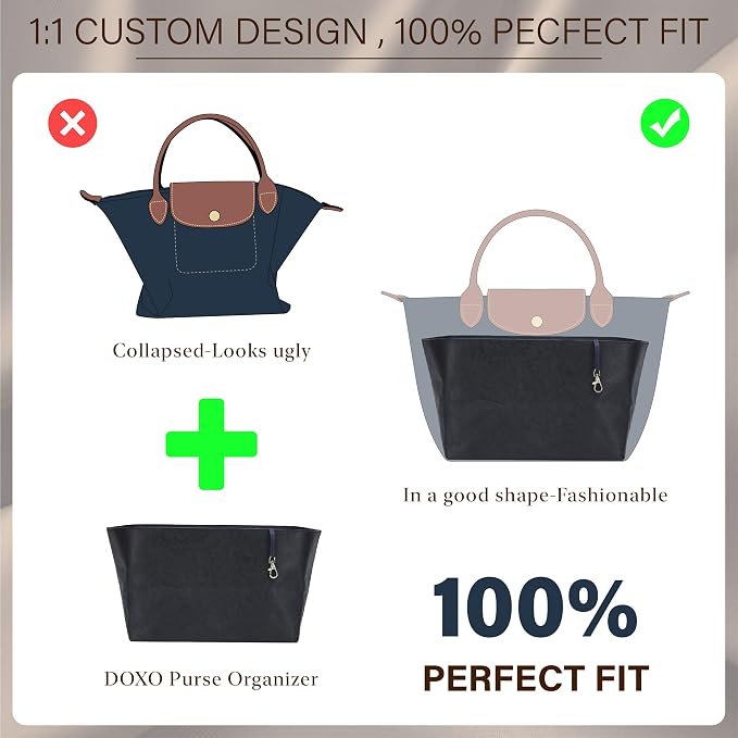 DOXO Purse Organizer Insert for Longchamp Le Pliage Medium, 6-Compartment Bag Organizer with YKK Zipper Pocket, Cup Holder, Key Chain, Waterproof DupontPaper Lightweight Handbag Shaper (Black Blue,M) - Image 3