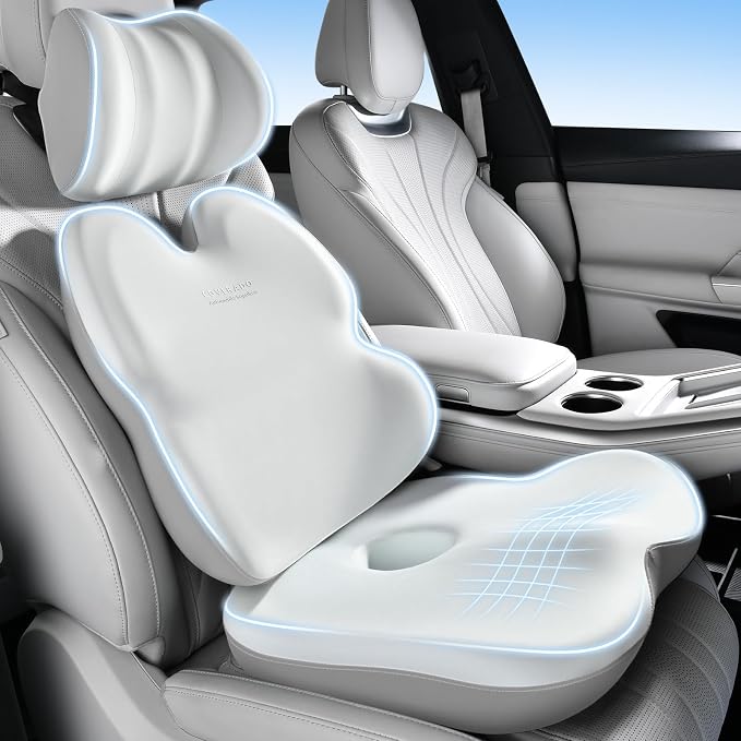 Coverado Car Seat Cushion Back Support Pillow Neck Headrest Pillow, Ergonomic Memory Foam Sciatica & Back & Tailbone Pain Relief Cushion for Office Chair Seat Cushion for Chair Gray&Light Gray by COVERADOAUTO
