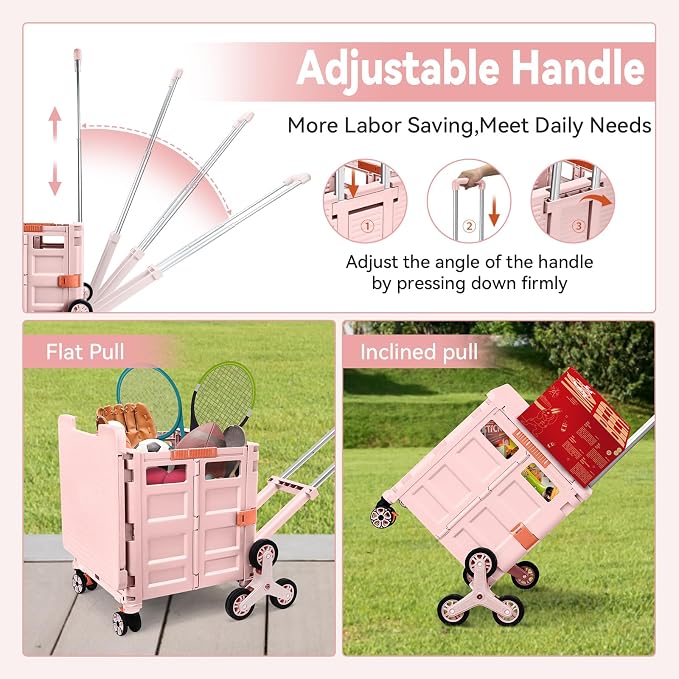 Foldable Utility Cart Portable Crate Rolling Dolly with Telescopic Handle,Can be Pulled diagonally, Magnetic Retractable Lid, 360°Swivel Climbing Wheels for Shopping Carrying Groceries Move Pink - Image 3