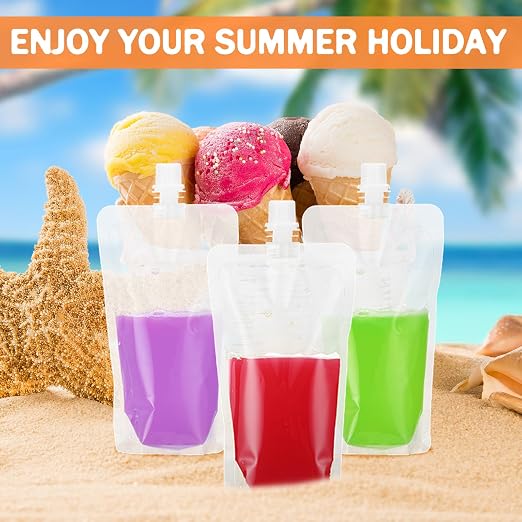 Patelai 250 Pieces Plastic Liquid Pouch Reusable Juice Pouches Travel Water Leak Proof Bags Bulk with Collapsible Silicone Funnel for Travel Outdoor (16 oz) - Image 3