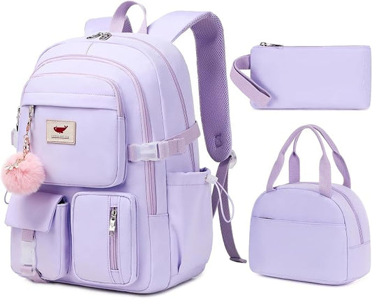 Laptop Backpack 15.6 Inch Elementary Middle High School Bag College Backpacks with Lunch Box Pencil Pouch 3 PCS Set Travel Bookbags for Teens Girls Women Students (Purple) by LXYGD