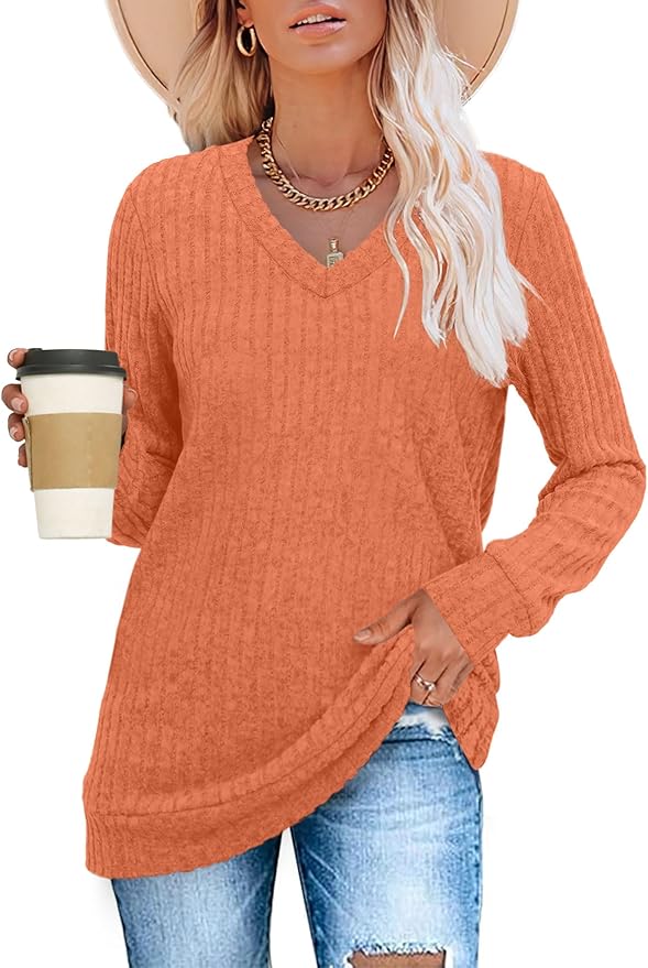 Sampeel V Neck Long Sleeve Shirts for Women Casual Fall Tops Lightweight Tunic Sweaters Fashion Clothes Loose Fit 2025