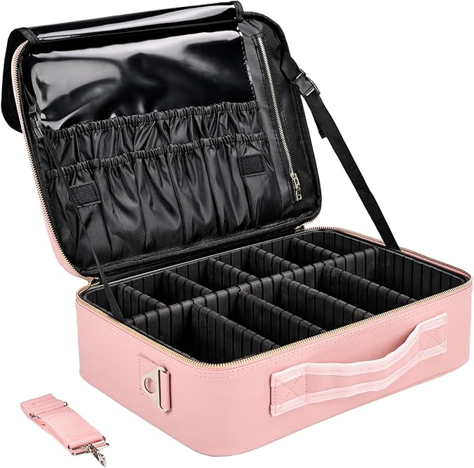 Travel Makeup Bag with Brush Holder, Professional Cosmetic Train Case Organizer, Portable Travel Makeup Brush Carry Case Artist Storage Box with Adjustable Dividers and Shoulder Strap, Leather Pink by Greenfeather