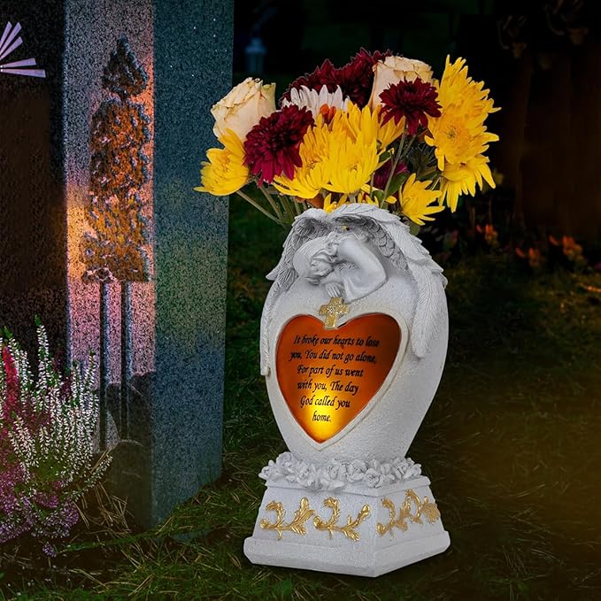 Angel Garden Statue Outdoor Decor, Cemetery Vase with LED, Family Garden Memorial Statue, Crying Angel (White) with Solar Lights