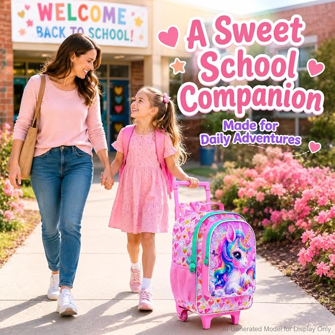 AGSDON 3PCS Rolling Backpack for Girls Boys, Kids Roller Wheels Bookbag, Wheeled School Bag with Lunch Bag - Image 6