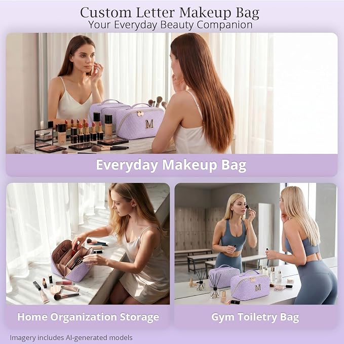 Personalized Gift Travel Makeup Bag: Initial Makeup Organizer Bag for Women | 3-in-1 Custom Make up Bag Set - Vegan Leather Travel Cosmetic Bag - Luxury Gift for Women – Birthday, Anniversary, Graduation - Image 9