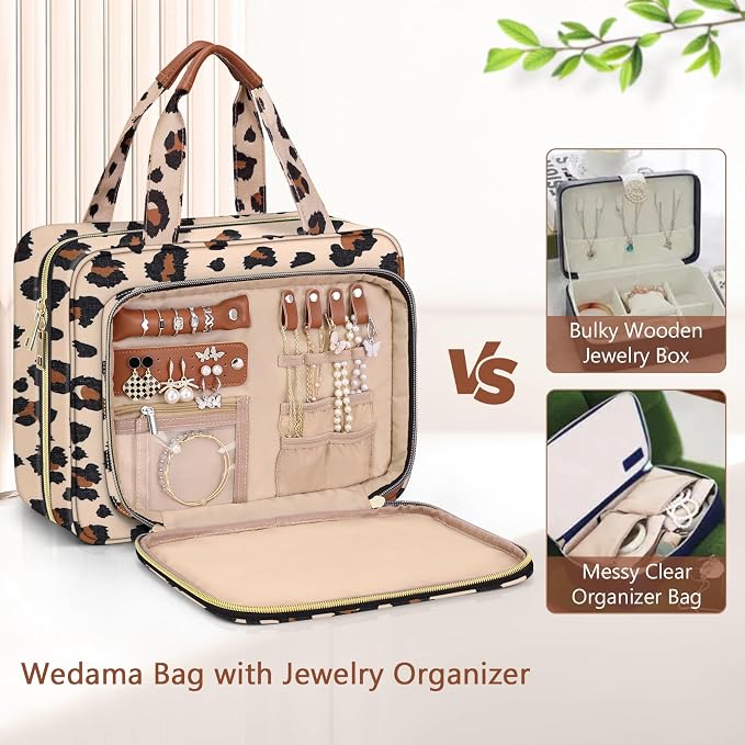 Wedama Toiletry Bag for Women, Hanging Travel Toiletry Bag with Jewelry Organizer Compartment Large Makeup Bag, PVC Waterproof Cosmetic Travel Bag Trips Camping Bathroom, Leopard Print - Image 3
