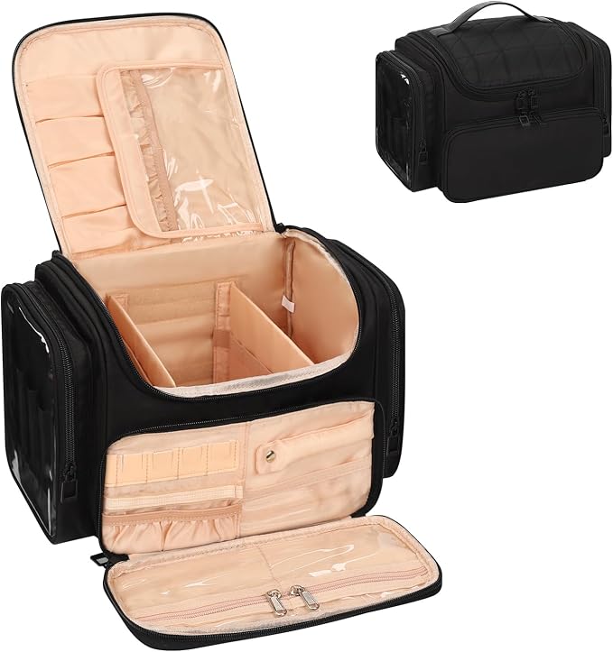 Large Makeup Bag with Jewelry Organizer, Travel Toiletry Bag for Women Girls with Makeup Brush Compartment & Two Side Pockets - XL Black - Image 8