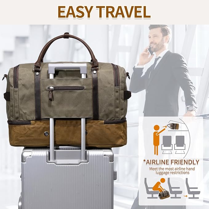 Nerlion Green Large Weekender Overnight Duffel Bag with Shoe Compartment and Leather Accents - Image 3