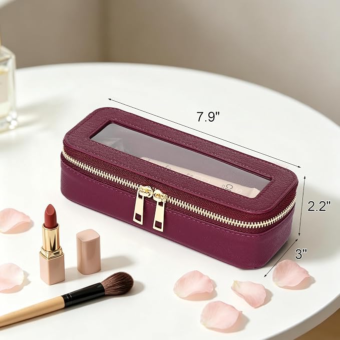 Makeup Brush Bag, Burgundy, SLIM | Clear, Travel Cosmetic Case, Brush Holder, Waterproof, Zipper Purse Organizer - Image 5