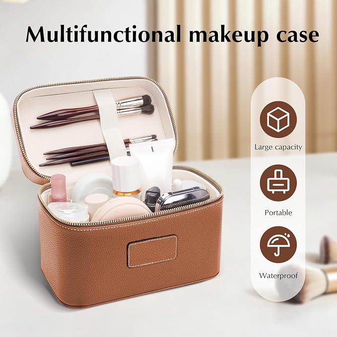 Makeup Case for Women, Leather Makeup Bag Cosmetic Case with Removable Divider, Large Capacity Waterproof Portable Travel Toiletry Make up Organizer Case - Image 6