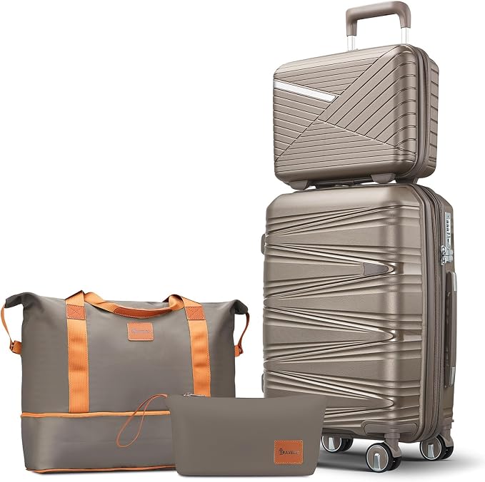 TRAVELEO 4 Piece Carry On Luggage Set 20 Inch, Expandable PP Hardshell Suitcase with Detachable Spinner Wheels & TSA Lock, Includes Cosmetic Case, Travel Tote & Toiletry Bag, Lightweight (Champagne) by Unknown