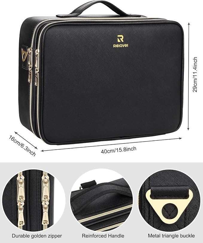 Relavel Makeup Case Large Makeup Bag Professional Train Case 16.5 inches Travel Cosmetic Organizer Brush Holder Waterproof Makeup Artist Storage Box, Large Capacity (Leather Black) - Image 3