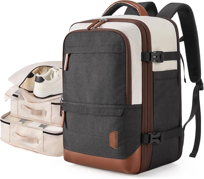 BAGSMART 37L Expandable Travel Backpack Compression Carry On Daypack | Black and White weekender bag fits 17" laptop. Water resistant luggage with packing cubes and shoe pouch. by BAGSMART