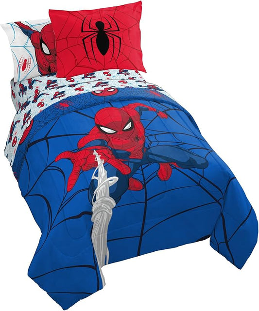 Marvel Spiderman Twin Comforter Set 5 Piece Kids Bedding for Boys, Blue | Bed in a Bag, Comforter Sheets Sham Pillowcase, Official Brand, Soft Microfiber, Machine Washable, Easy Care, Boys Gift by JayFranco