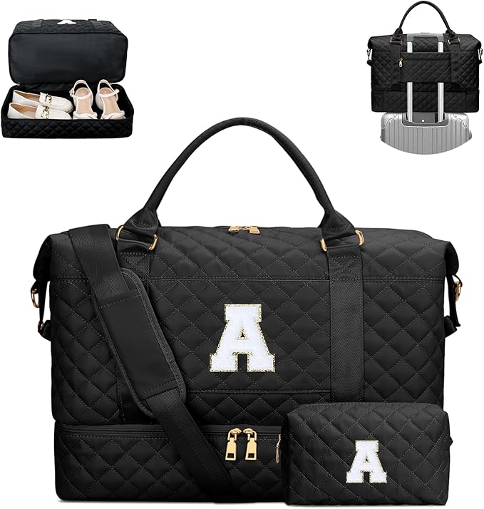 Gifts for Women Girls Initial Travel Duffle Bag Quilted Weekender Carry-On Overnight with Cosmetic Bag, Gym Bag with Shoe Compartment, Black A by Unknown