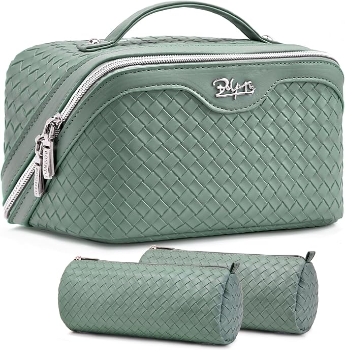 BOYATU Travel Makeup Bag Cosmetic Bags for Women: Large Capacity 3 Pcs Set Make up Bag with Compartments - Waterproof Vegan Leather Toiletry Organizer Bags with Handle (L10 Grass Green) by BOYATU