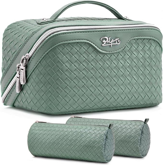 BOYATU Travel Makeup Bag Cosmetic Bags for Women: Large Capacity 3 Pcs Set Make up Bag with Compartments - Waterproof Vegan Leather Toiletry Organizer Bags with Handle (L10 Grass Green) by BOYATU