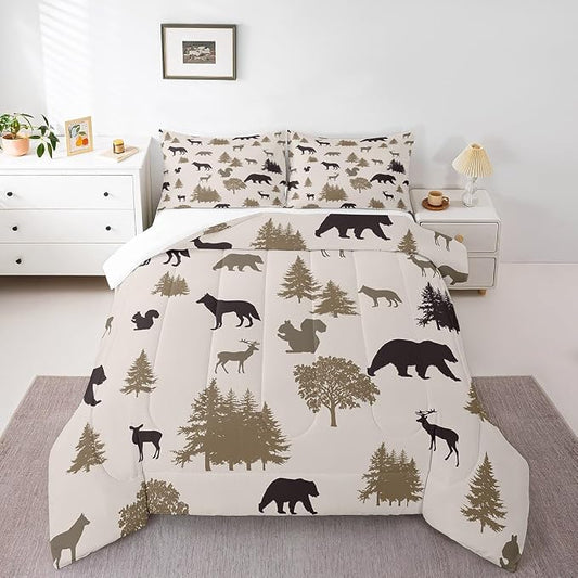 Rustic Bear Comforter Set for Kids Boys Girls Full,Elk Moose Squirrel Wolf Wildlife Printed Bedding Set,Animal Silhouette Farm Style Quilt Set,Grey Woodland Wildlife Duvet Inserti with 2 Pillowcases by Erosebridal