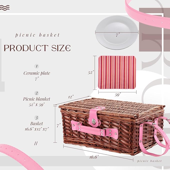 Picnic Basket Set for 4 with Waterproof Blanket Mat Insulation Bag Wicker Pink Stripe Classic Fresh Gift for Christmas Thanksgiving Wedding Birthday Camp Outdoor Beach Travel - Image 3