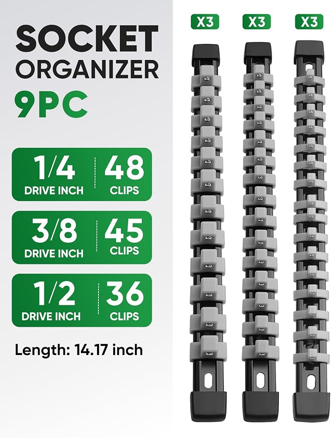 ALOANES 9PC Socket Organizer, Socket Rails Fit 1/2", 1/4" and 3/8" Drive | Heavy Duty ABS Socket Holders Hold up 129 Sockets for Toolbox Drawer Bags(Grey) - Image 2