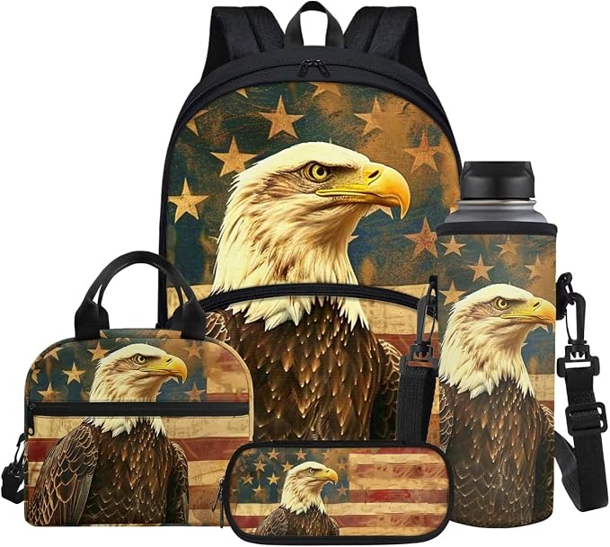 USA Flag Eagles Print Backpacks for Kids Back To School Bookbags Teenage Backpack with Lunchbox Pen Case Water Bottle Sleeve by Glomenade