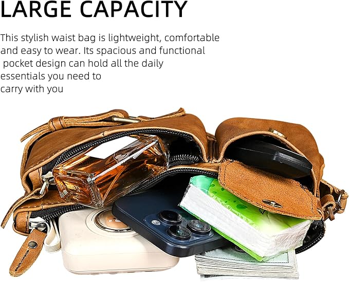 Water Resistant Canvas + Leather Hiking Riding Travel Fanny Waist Pack Small Phone Pouch For Men Women FB811-29 (100% Leather-The 8135 Light Brown) - Image 6