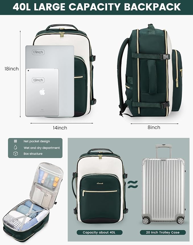 LOVEVOOK 40L Travel Backpack for Women & Men, Airline Approved Carry On Luggage with 3 Packing Cubes, TSA Overnight Bags, Waterproof Personal Item Bag, Weekender Essentials Backpacks fits 17" Laptop - Image 3