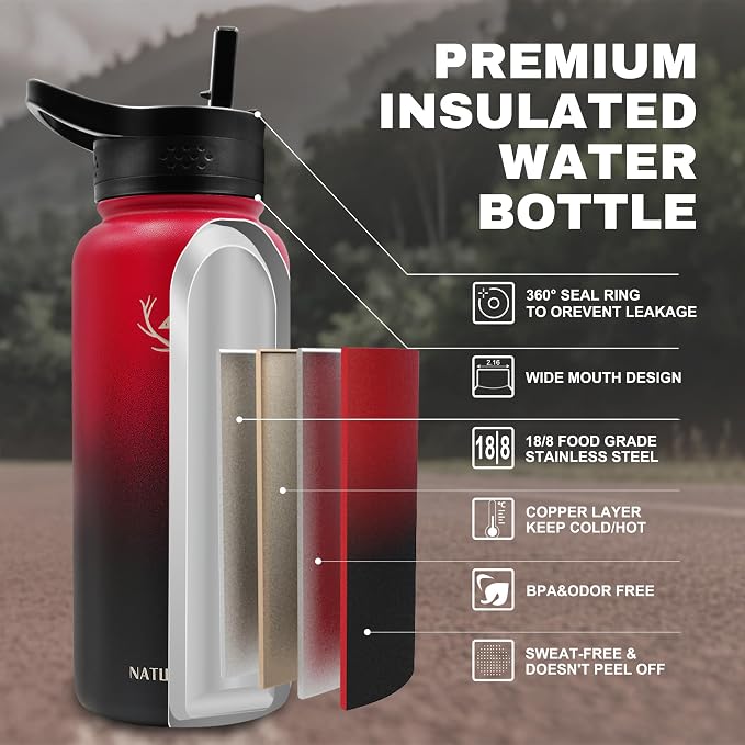 NATURE PIONEOR 32 oz Insulated Water Bottle with Carrier Bag & 3 Lids | 18/8 Food-grade Stainless Steel, Double Vacuum Insulation, 3 Leak-proof Lids, Strap, Camping, Hiking, Gym, Work - Image 2